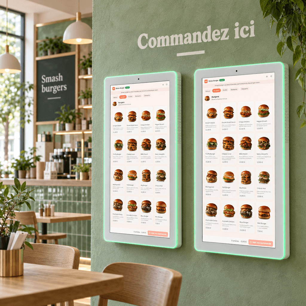 Deux bornes de commande Piki fixées au mur d'un restaurant de burgers, sous l'inscription « Commandez ici »