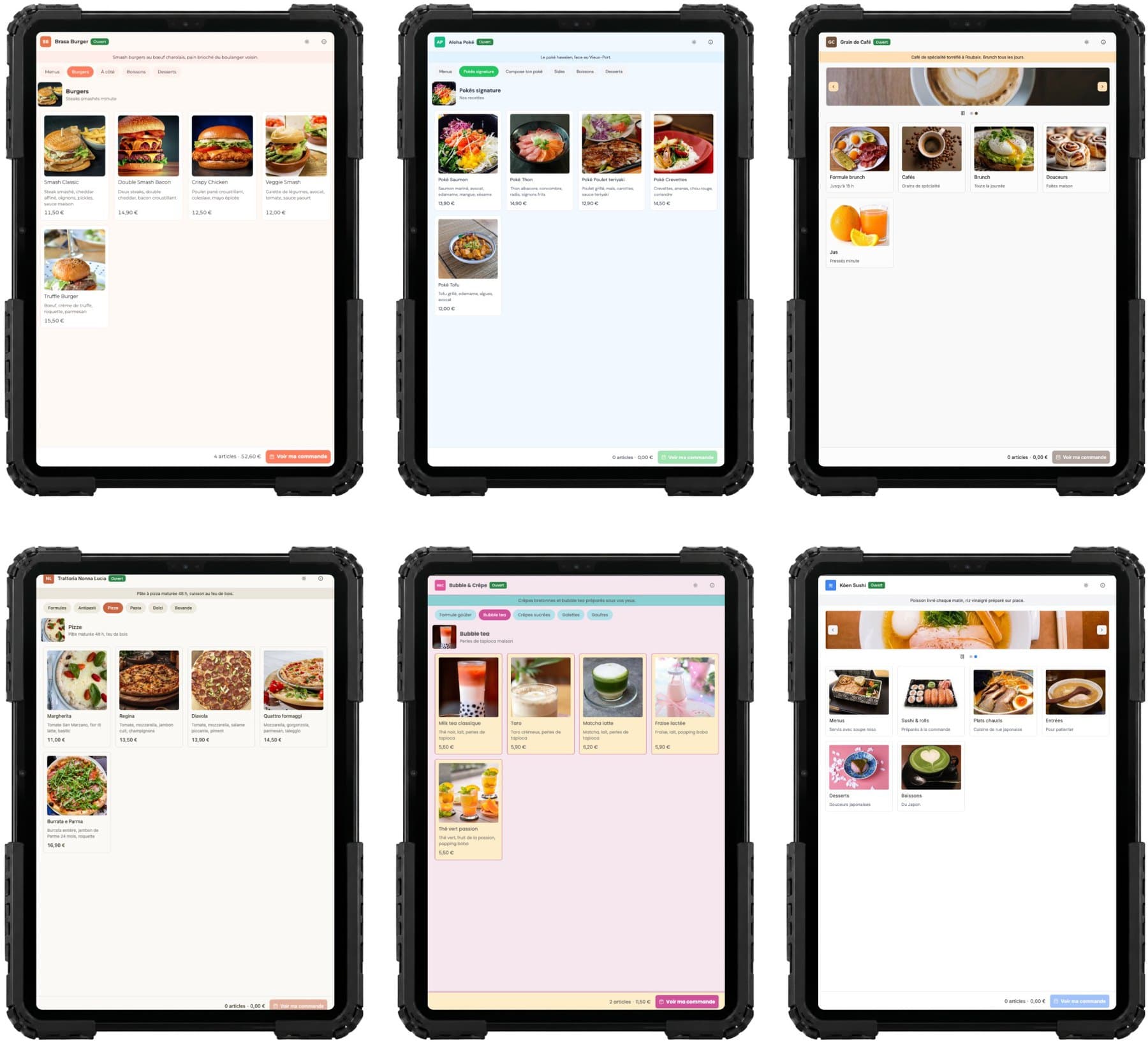 Six exemples d'interface de commande Piki aux couleurs de différentes enseignes : burgers, cuisine asiatique, café, pizzas, crêpes, sushis