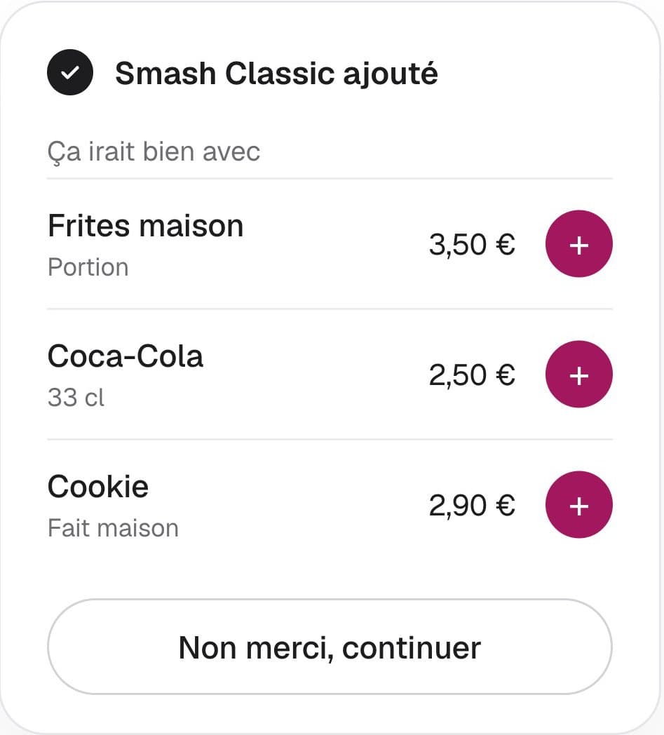 Écran de suggestion : après l'ajout d'un burger, la borne propose des frites, une boisson et un cookie